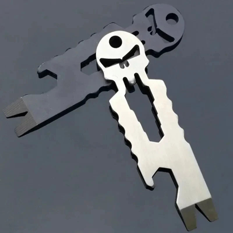 Stainless Steel Tactical EDC Multi-Function Skull Keychain Tool Pocket Carry on Outdoor Crowbar Screwdriver
