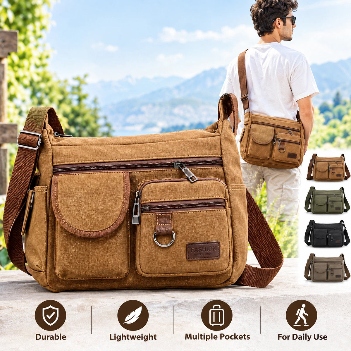Canvas Multi-Pocket Crossbody Bag