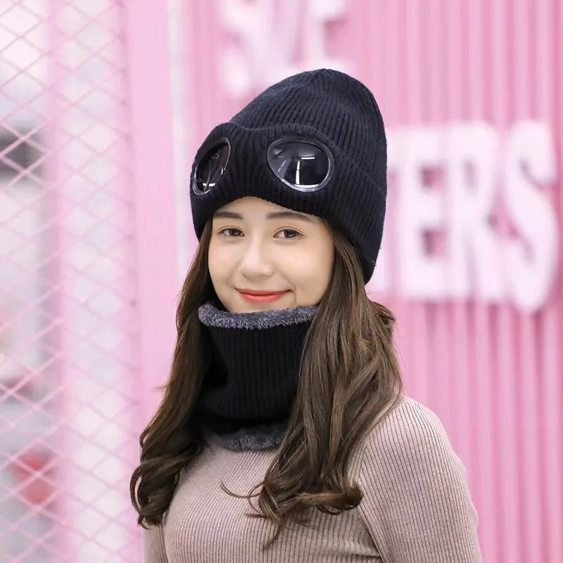 Unisex Men Women Knitted Hat with Goggles Windproof Winter Warmer Ski Beanies Soft Warm Anti-Slip Ear Protection Garros