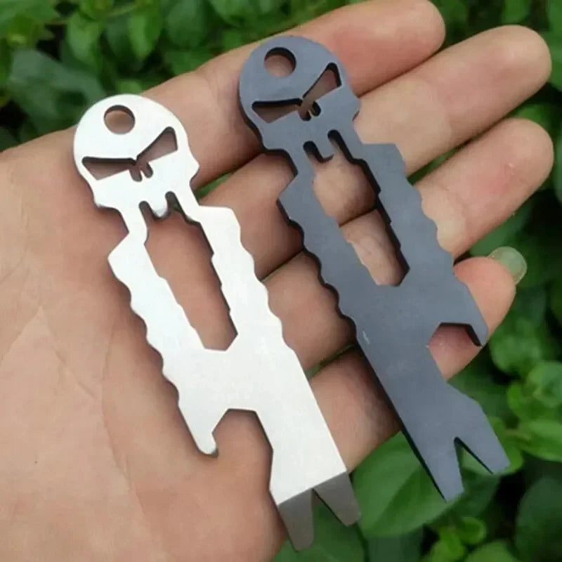 Stainless Steel Tactical EDC Multi-Function Skull Keychain Tool Pocket Carry on Outdoor Crowbar Screwdriver