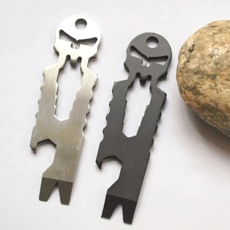 Stainless Steel Tactical EDC Multi-Function Skull Keychain Tool Pocket Carry on Outdoor Crowbar Screwdriver