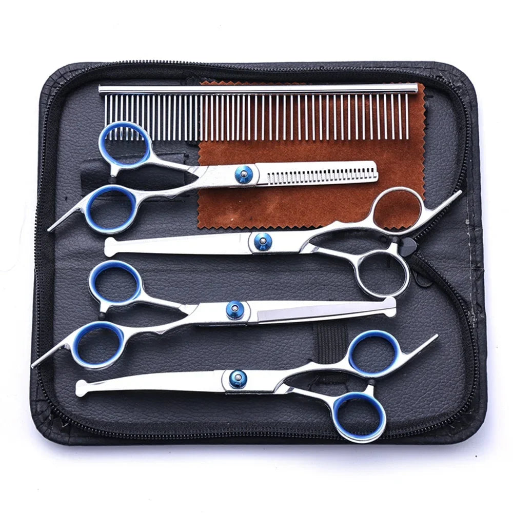 5 in 1 Professional Dogs Grooming Scissors Set Stainless Steel Dog and Cat Hair Thinning Shears with Safety round Tip for Pet
