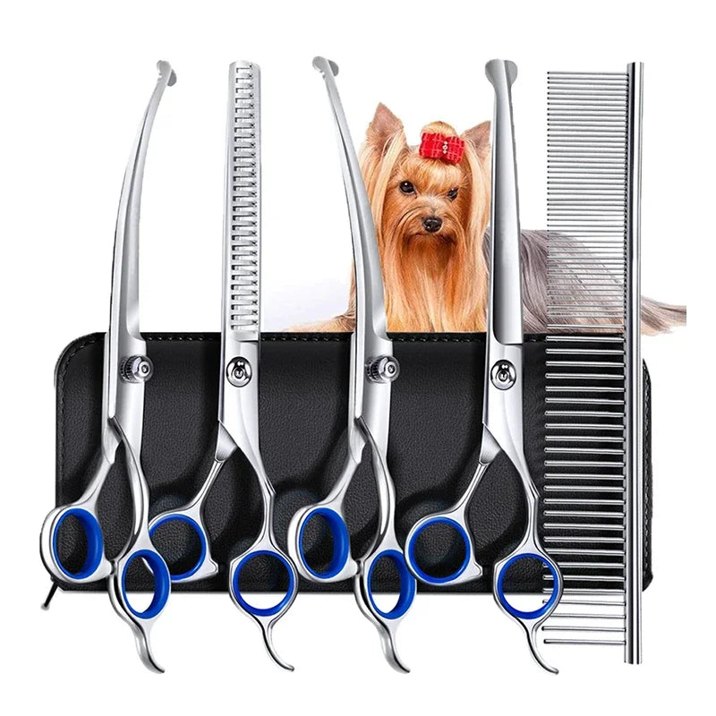 5 in 1 Professional Dogs Grooming Scissors Set Stainless Steel Dog and Cat Hair Thinning Shears with Safety round Tip for Pet