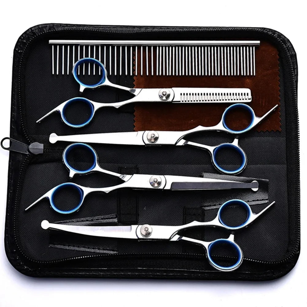 5 in 1 Professional Dogs Grooming Scissors Set Stainless Steel Dog and Cat Hair Thinning Shears with Safety round Tip for Pet