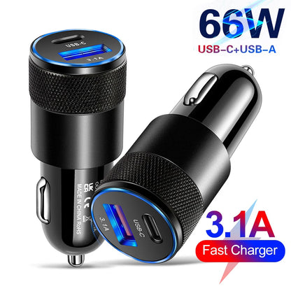 66W USB Car Charger Type C Fast Charging Phone Adapter for Xiaomi Huawei PD Phone Charger Car Adapter Socket Cigarette Lighter
