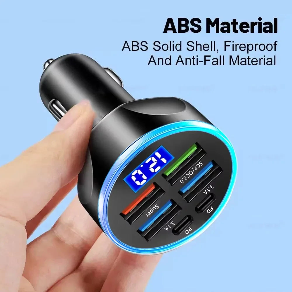 250W PD Car Charger QC3.0 Fast Charge Two to Six Port Car Cigarette Lighter Plug Car Charger Flash Charge with Digital Display
