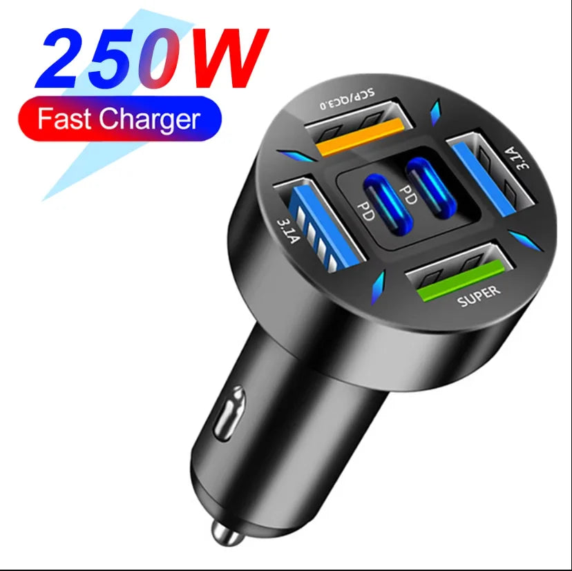 250W PD Car Charger QC3.0 Fast Charge Two to Six Port Car Cigarette Lighter Plug Car Charger Flash Charge with Digital Display